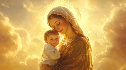 Holy Mother Embracing Child in Radiant Glow