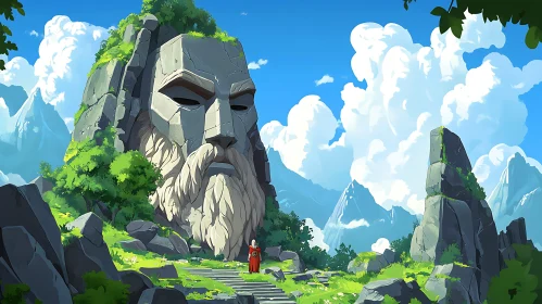 Colossal Stone Head in a Lush Mountain Setting