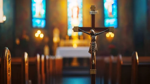 Crucifix in a Church with Vibrant Stained Glass Windows