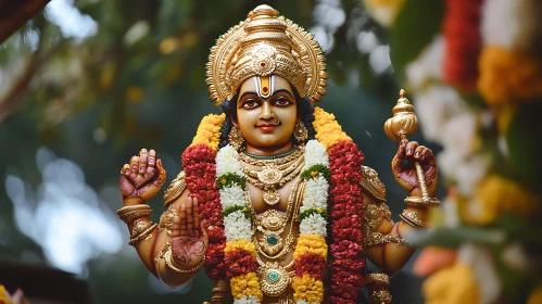 Revered Hindu God Statue with Gold and Flowers