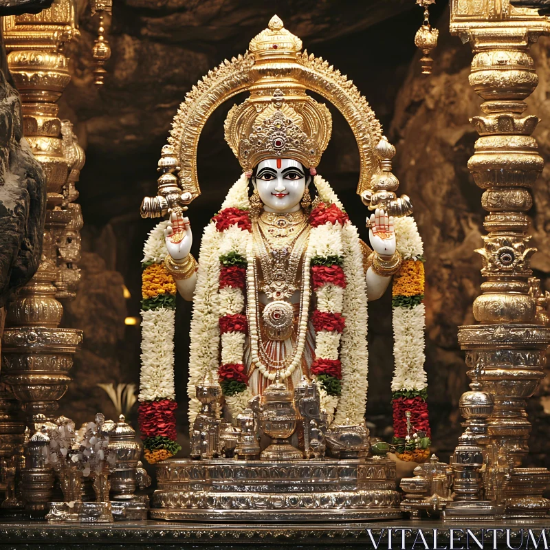 Majestic Hindu God Statue with Flower Garlands AI Image