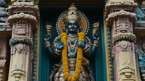 Intricate Hindu Statue with Yellow Garland