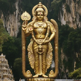 Iconic Golden Sculpture and Temple in Verdant Landscape