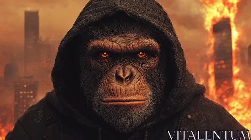 Intense Ape with Fiery Background AI Image