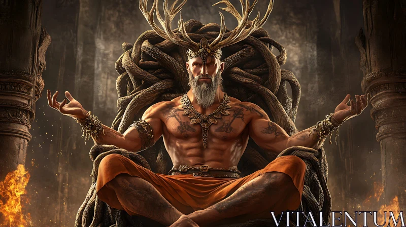 Antlered Elder Meditating on a Root Throne AI Image