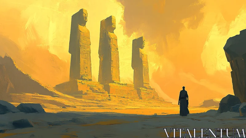 Ancient Statues in a Mysterious Desert Landscape AI Image