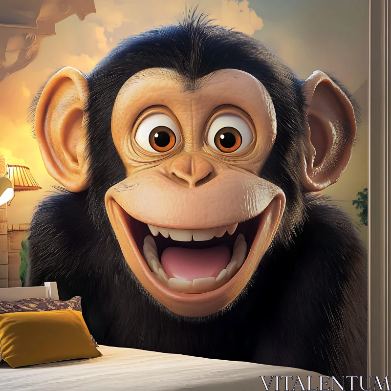 Happy Cartoon Monkey Bedroom Art AI Image