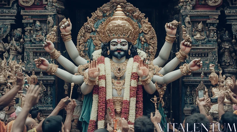 Devotees Worshiping a Majestic Hindu Deity Statue AI Image