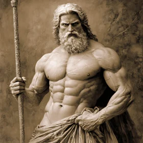 Muscular God with Staff Sepia Artwork