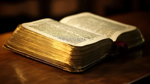 Aged Book Open on Wooden Table with Golden Pages