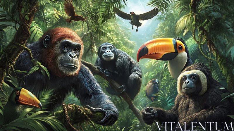 Jungle Wildlife with Primates and Toucans AI Image