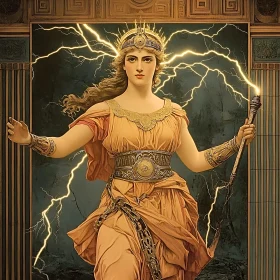 Powerful Greek Deity with Torch and Lightning