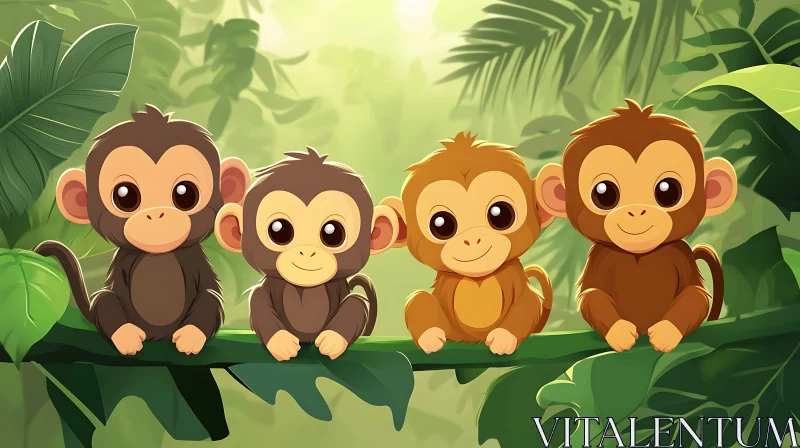 Charming Illustration of Four Cartoon Monkeys in Jungle AI Image