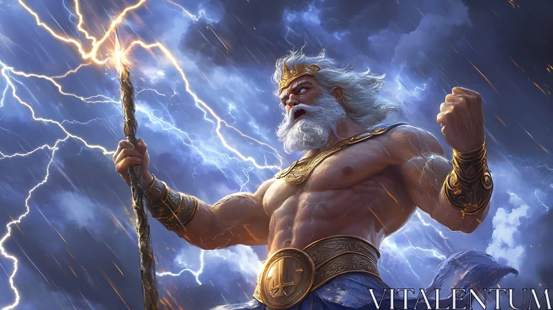 Ancient Deity of Thunder in a Stormy Sky AI Image