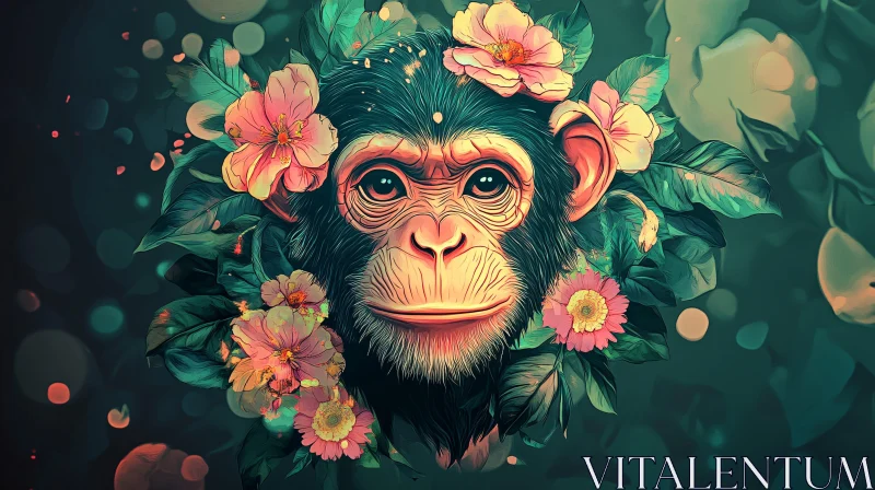 Chimpanzee Surrounded by Vibrant Flowers AI Image