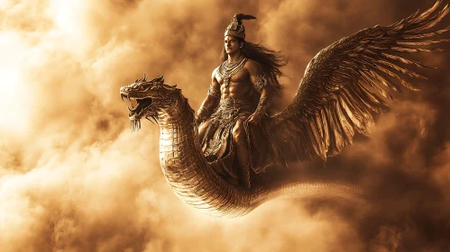 Epic Warrior and Golden Dragon in Clouds