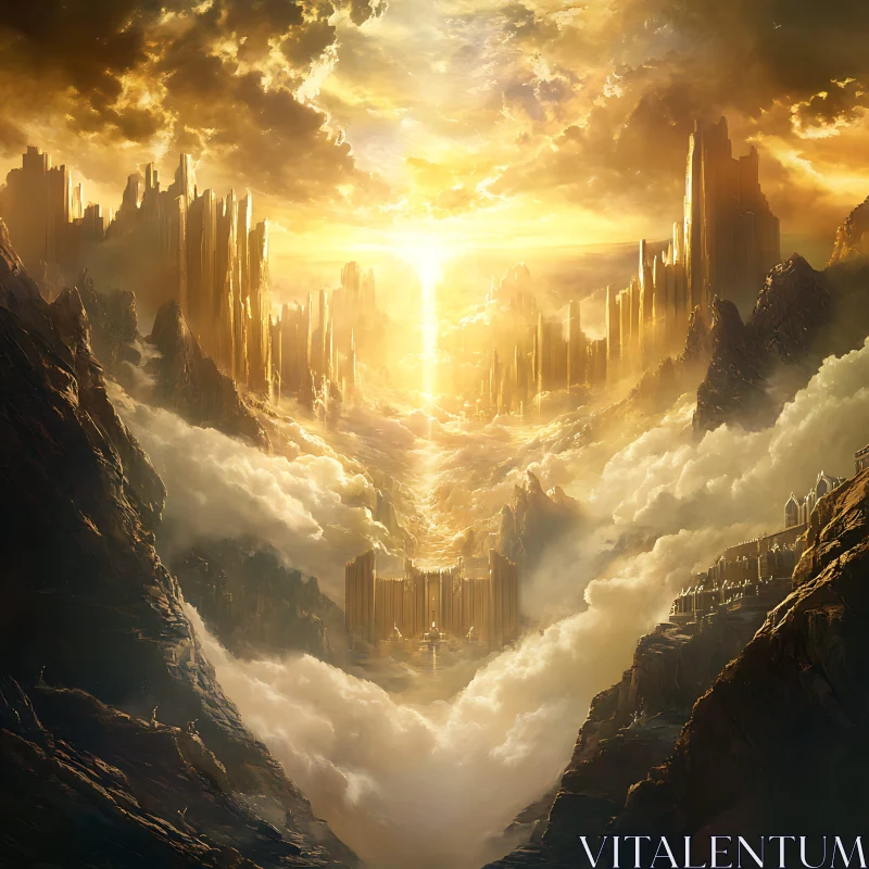 Golden Fantasy Mountainscape in Surreal Art Style AI Image