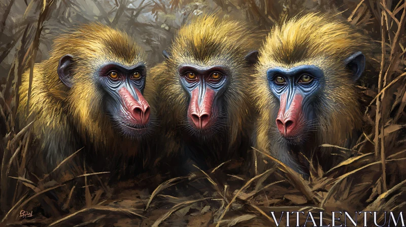 Trio of Mandrills in Dense Jungle AI Image