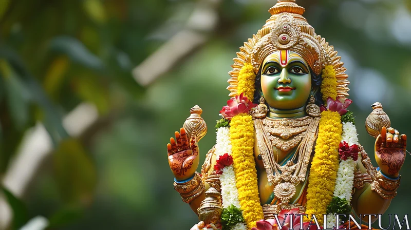 Colorful Hindu Deity Statue with Floral Garlands AI Image