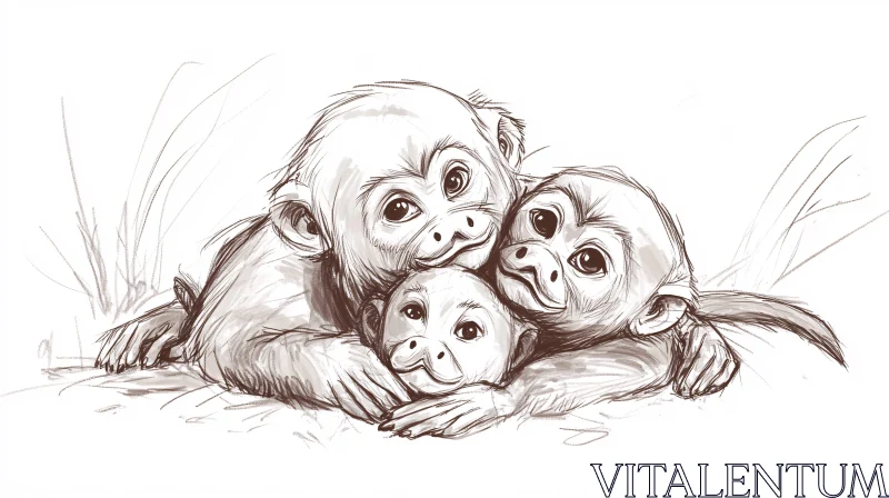 Cute Trio of Monkeys Sketch AI Image