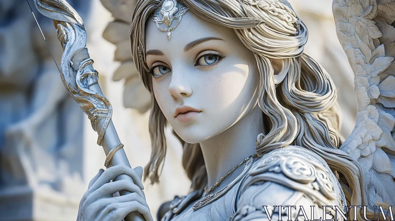 Intricate Female Angel Sculpture with Staff AI Image