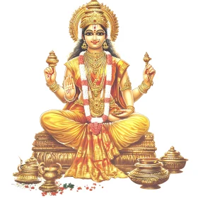 Divine Hindu Deity with Golden Vessels