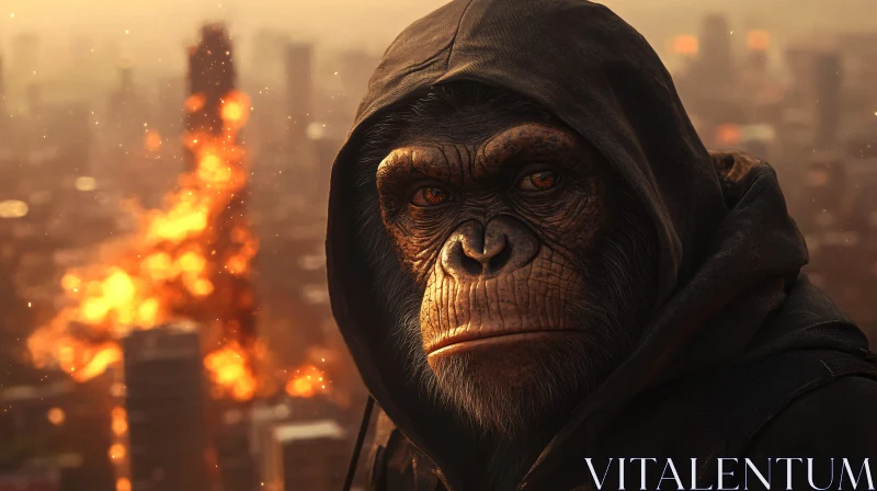 Urban Ape Amidst Fire AI Image