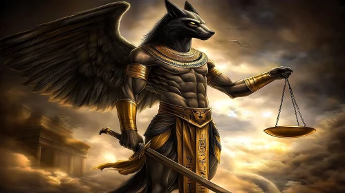 Majestic Winged Anubis with Sword and Golden Scales