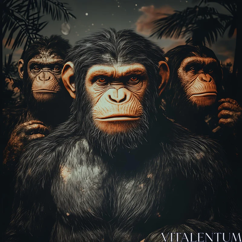 AI ART Chimpanzees standing under the Night Sky