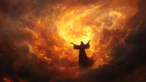 Celestial Command: Enigmatic Figure in Flaming Clouds