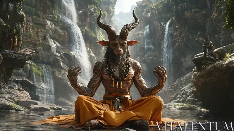 Enigmatic Meditation of a Goat-Man in Nature AI Image