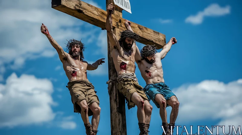 Ancient Cruelty: Three Men Crucified AI Image