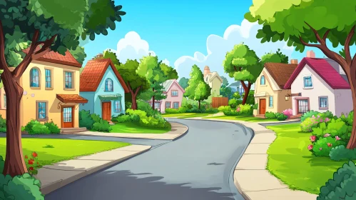 Colorful Suburban Neighborhood Cartoon