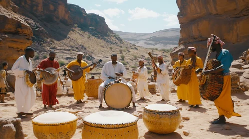 Musicians Performing with Traditional Instruments in Desert
