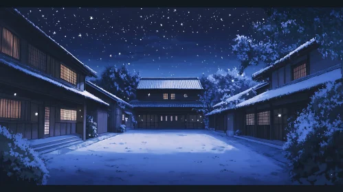 Tranquil Japanese Courtyard in Winter Night