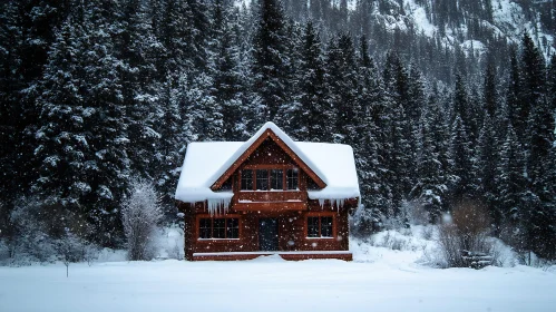 Winter Cabin in a Snow-Covered Forest