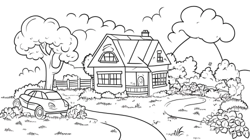 Idyllic Countryside House and Car Illustration