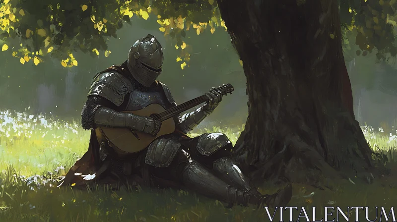 Medieval Knight Strumming Guitar in Tranquil Forest AI Image