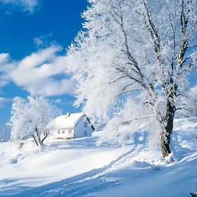 Snow-Covered Cabin Amid Frosty Trees