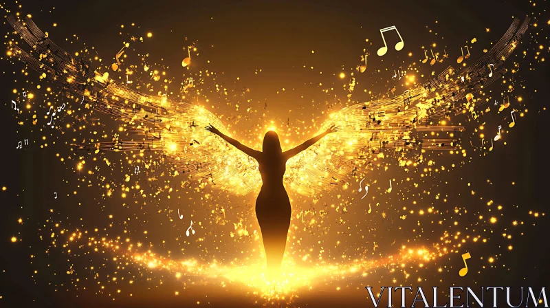 Golden Harmony: Silhouette with Musical Wings