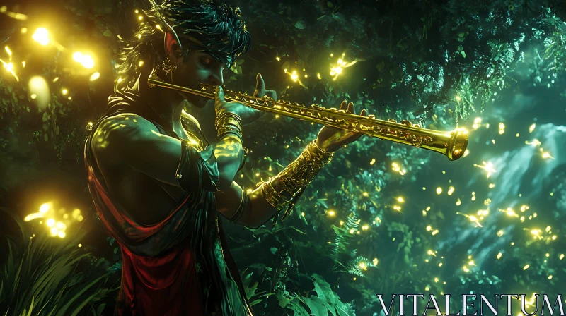 Magical Forest Elf Playing Flute Surrounded by Glowing Orbs