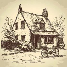 Nostalgic Cottage Drawing with Bicycle