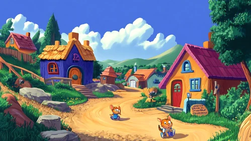 Animated Cats in a Colorful Village Setting