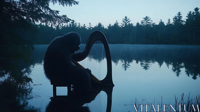 AI ART Enigmatic Gorilla and Harp by Serene Forest Lake