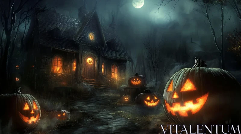 Spooky Halloween Night with Haunted House and Pumpkins AI Image