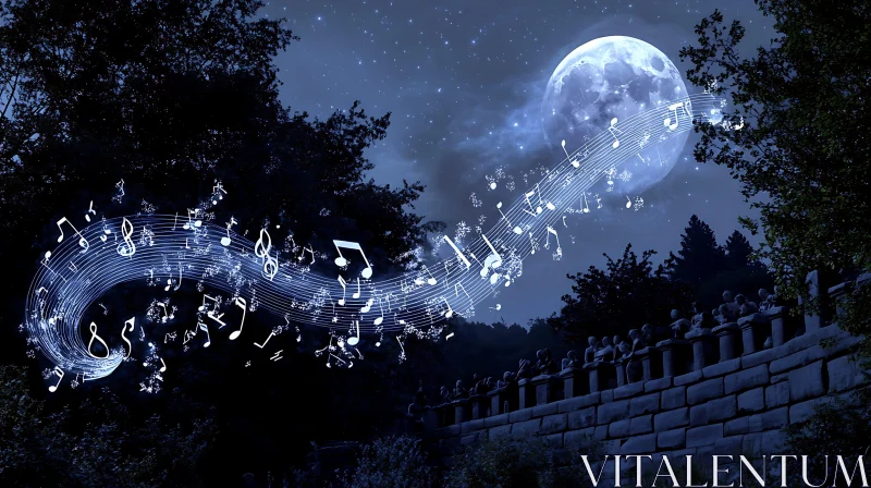 AI ART Mystical Night Scene with Moon and Musical Notes