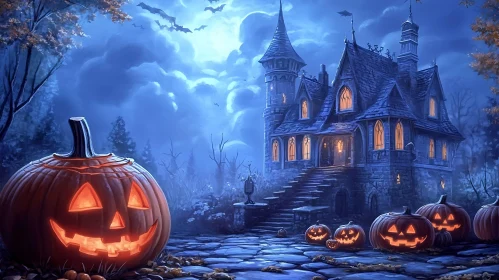 Gothic Haunted House with Jack-o'-Lanterns Under a Moonlit Sky