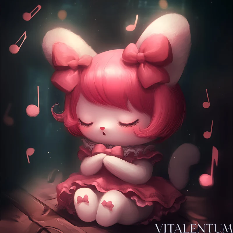 Cute Pink-Haired Cat with Bows and Music AI Image