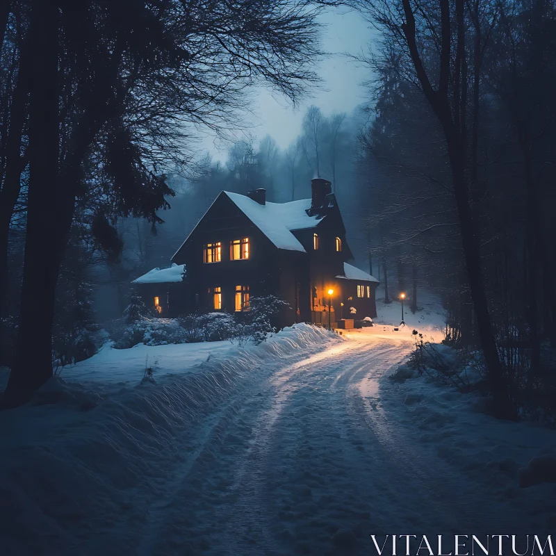 Warm House with Lights in a Snowy Night Forest AI Image