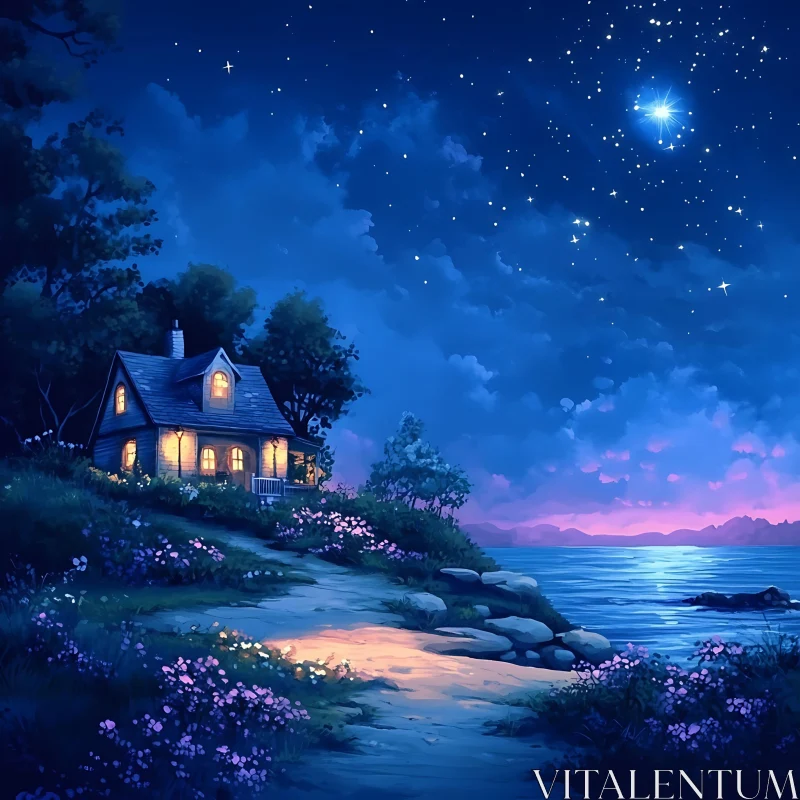 Tranquil Cottage Under a Night Sky AI Image